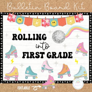 Back To School Bulletin Board Rolling into a Groovy Year Bulletin Board Kit Roller Skates Classroom Decorations Groovy Retro Theme Printable
