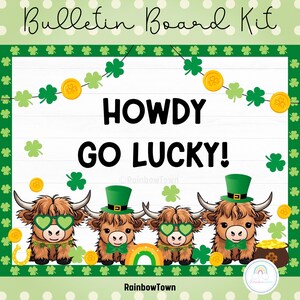 Anslagstavla för St. Patrick's Day Highland Cow March, utskrivbar klassrumsdekoration