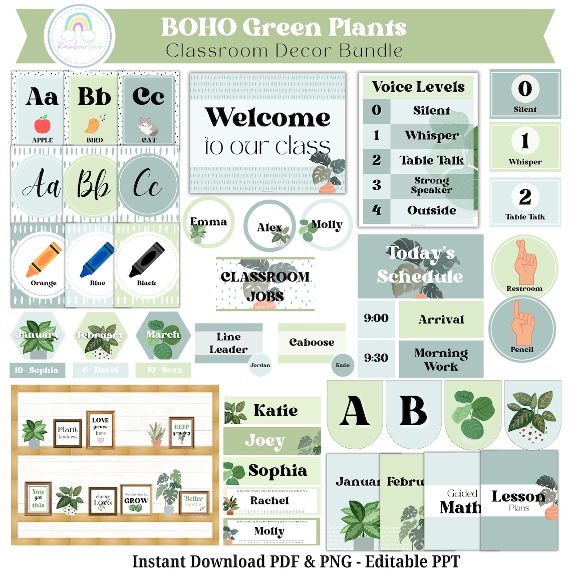 Boho Green Plant Classroom Decor Bundle Neutral Calm Theme Printable ...