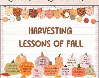 Puede incluir: Un kit de tablero de anuncios con temática otoñal con el texto "Bulletin Board Kit" y "Harvesting Lessons of Fall". El diseño incluye calabazas ilustradas con citas inspiradoras y elementos decorativos.