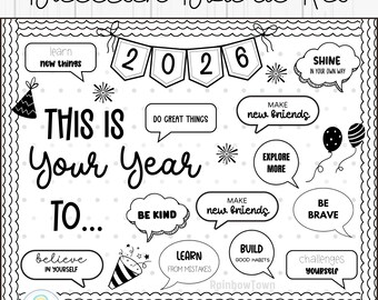 Tableau d'affichage du Nouvel An, décorations motivantes pour la classe en noir et blanc, imprimables modifiables