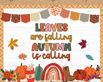 May include: A fall-themed bulletin board kit with the text "Leaves are falling, Autumn is calling." The design includes pumpkins, leaves, a rainbow, and a coffee cup. The background is white with a wood grain pattern.