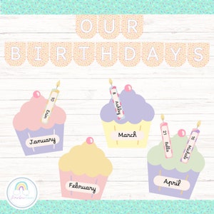 Cuadro de exhibición de cumpleaños para el aula con cupcakes pastel Tablón de anuncios de cumpleaños editable