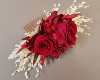 Peigne accessoire de mariage cérémonies demoiselle d'honneur fleurs séchées naturelles rose stabilisée hortensia colori rouge blanc OSCARINE