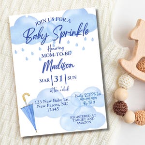 Uitnodigingssjabloon blauwe babystrooisel, bewerkbare babystrooiseluitnodiging, blauwe babyshower, uitnodiging babyshower jongen