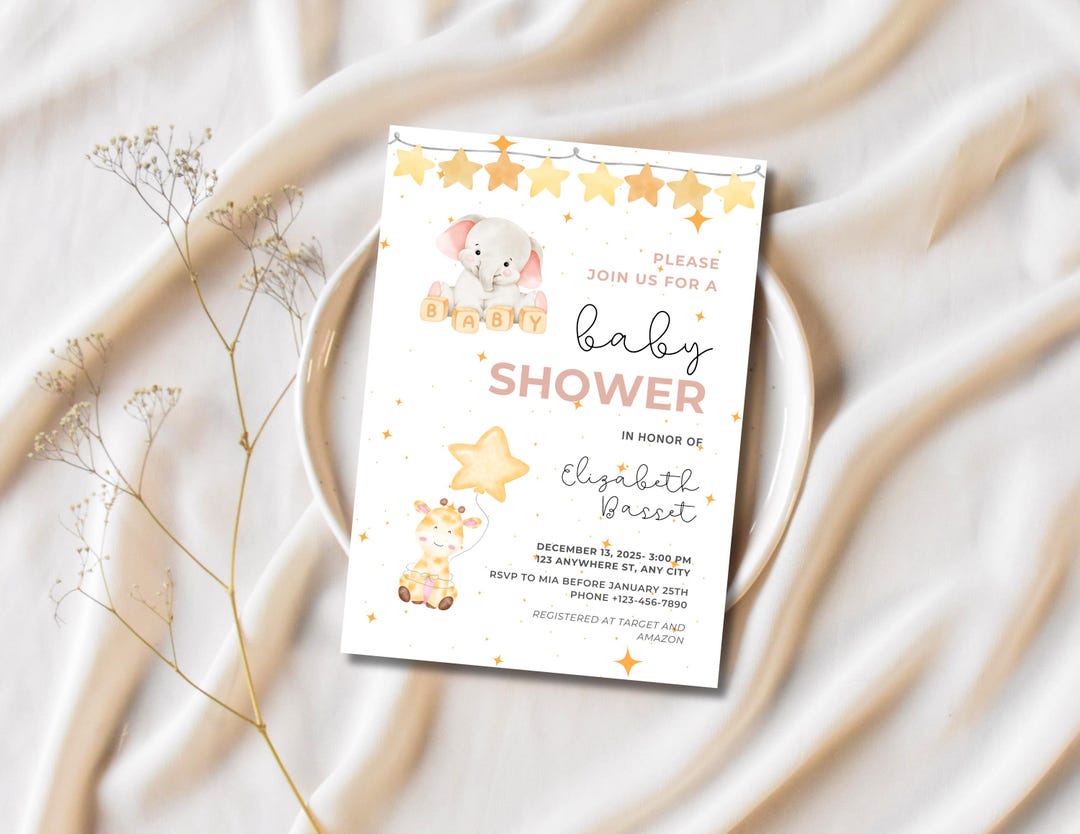 Adorable Baby Shower Card With Stars, Giraffe & Elephant | Instant ...