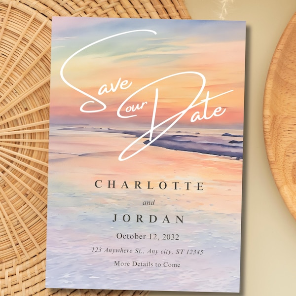 Watercolor Beach Save the Date Card, Downloadable, editable, dreamy beach,