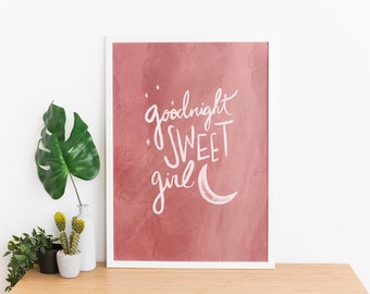 Baby Girl Nursery Decor, Nursery Wall Art, Good Night Sweet Girl Art Print, Good Night Moon Poster, Pink Baby Girl, Digital Download