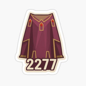 May include: A sticker featuring a stylized, maroon-colored garment with gold trim and accents. The design includes a central diamond-shaped jewel and the number "2277" in a bold font at the bottom. The sticker has a white border.