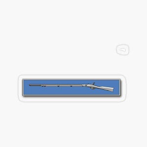 May include: A sticker featuring a detailed illustration of a musket. The firearm is depicted in a side profile, with a silver barrel and a wooden stock. The background is a solid blue rectangle with a white border.