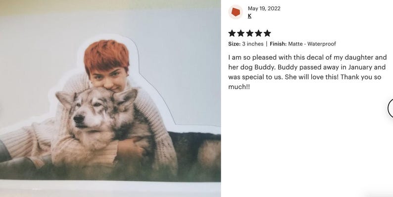 A person is sitting on the ground and hugging a dog, with a rating and comment expressing their appreciation for the dog's memorial.