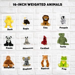 May include: A set of 16-inch weighted plush animals, including a duck, eagle, lion, penguin, panda, rhinoceros, cardinal, turtle, sasquatch, elephant, squirrel, and frog. These plush toys are designed to provide comfort and sensory stimulation.