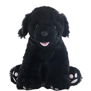 A black stuffed dog toy with white paw prints on its feet.