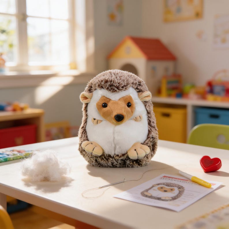 A plush hedgehog toy sits on a table, surrounded by craft supplies and a heart-shaped object, with a colorful toy house visible in the background.