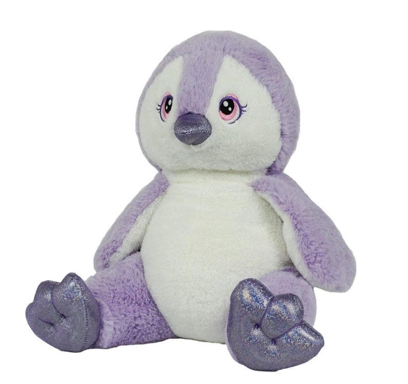 A purple and white stuffed penguin toy with glittery feet and large eyes sits on a white background.