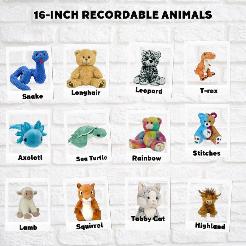 a collection of 16-inch recordable animals, including a snake, a longhaired teddy bear, a leopard, a T-rex, an axolotl, a sea turtle, a rainbow, a sea turtle, a lamb, a squirrel, a tubby cat, and a Highland cow.