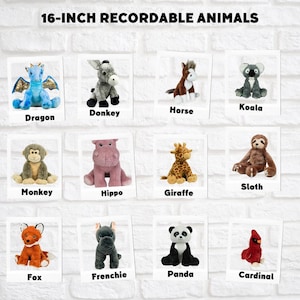 Puede incluir: Un conjunto de animales de peluche grabable de 40,6 cm, que incluye un drag&oacute;n, un burro, un caballo, un koala, un mono, un hipop&oacute;tamo, una jirafa, un perezoso, un zorro, un bulldog franc&eacute;s, un panda y un cardenal.