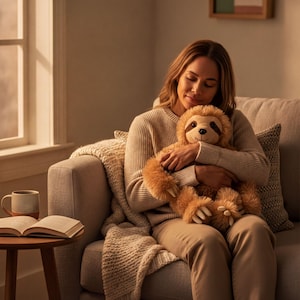 May include: A plush sloth toy with soft, light brown fur, a cream-colored face mask, and prominent claws on its hands and feet. The stuffed animal features a stitched smile and dark eyes, designed with a fuzzy, textured appearance.