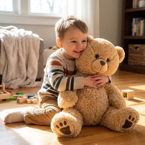 May include: A large, plush, light brown teddy bear with dark brown paw pads, a stitched nose, and round ears. The bear has a soft, fuzzy texture and is designed with a friendly, classic appearance, featuring a rounded snout and dark eyes.