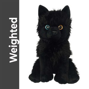 May include: A plush black wolf toy with long fur, pointed ears, and a black nose. The toy features one blue eye and one amber eye. The word Weighted is printed in white text on a dark gray vertical bar on the left side of the image.