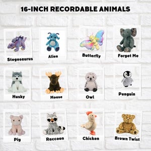 a collection of 16-inch recordable stuffed animals, including a Stegosaurus, Alien, Butterfly, Forget Me, Husky, Moose, Owl, Penguin, Pig, Raccoon, Chicken, and Brown Twist.