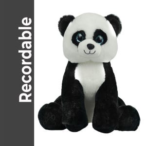 May include: A plush panda bear with black and white fur, sitting upright. The panda has black ears, eyes, and paws, with a white face and chest. The text "Recordable" is printed vertically on the left side.