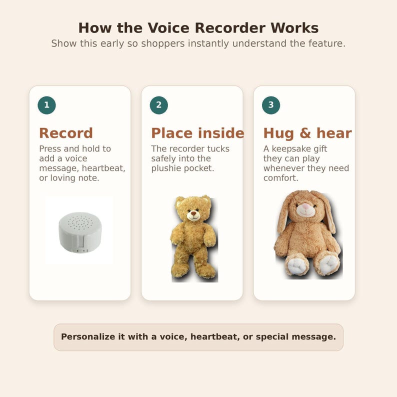 The image is a visual guide that explains how a voice recorder works. It features three stuffed animals, each representing a different function of the voice recorder: a record button, a place inside button, and a hug & hear button. The guide provides step-by-step instructions on how to use these buttons to personalize the voice recorder with a voice, heartbeat, or special message.