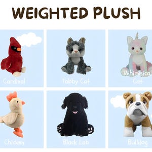 May include: A collection of six weighted plush toys labeled WEIGHTED PLUSH, featuring a red cardinal, a gray tabby cat, a pastel unicorn cat, a beige chicken, a black Labrador retriever, and a brown and white bulldog on a light blue background.