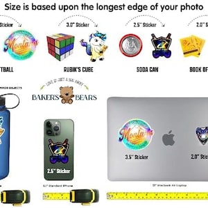 The image is a collage of various stickers and objects, including a baseball, Rubik's cube, softball, Rubin's cube, soda can, book of matches, and a teddy bear. The stickers are labeled with their sizes, and there are also measurements provided.
