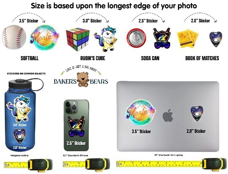 The image is a collage of various stickers and objects, including a baseball, Rubik's cube, softball, Rubin's cube, soda can, book of matches, and a teddy bear. The stickers are labeled with their sizes, and there are also measurements provided.