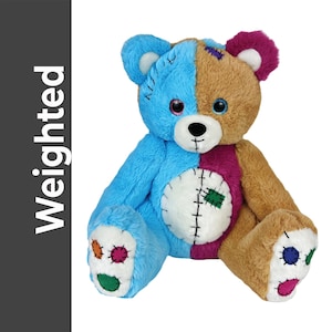 Weighted Patchwork Teddy Bear Plushie, 16 Inch Sensory Stuffed Animal, Calming Comfort Toy