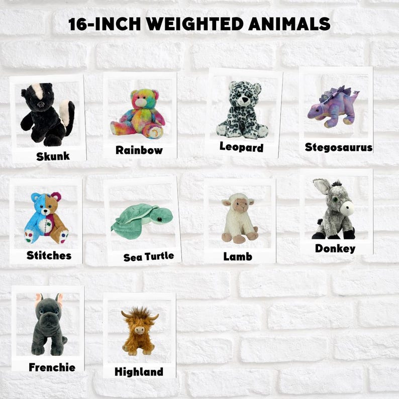 May include: A collection of 16-inch weighted plush animals, including a skunk, rainbow bear, leopard, stegosaurus, stitches, sea turtle, donkey, lamb, frenchie, and highland cow.
