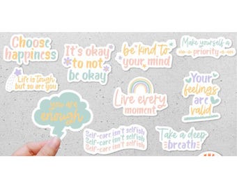 Mental Health Stickers, Self-Care Quotes, Waterproof Sticker Pack
