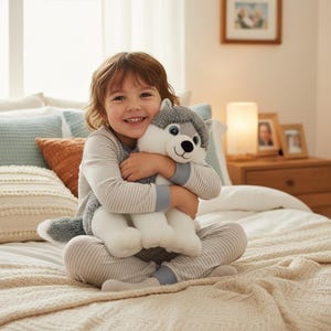 May include: A plush husky dog toy with white and grey fur, large dark eyes, and a black nose. The stuffed animal features a soft, textured grey head and a white body, designed with a friendly expression and a long, fluffy tail extending to the side.