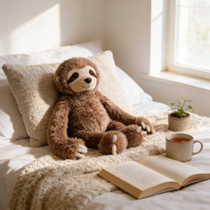 May include: A plush sloth toy with brown fur, a cream-colored face, dark eye patches, and white claws. The stuffed animal is seated upright, featuring a soft, textured appearance with stitched facial details and a rounded body shape.