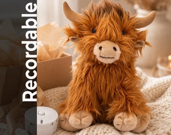 Recordable Highland Cow Stuffed Animal - Soft Recycled Fabric Plush