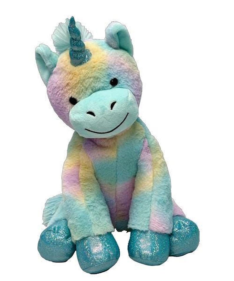 A plush toy of a unicorn with a blue and pink color scheme and a glittery horn.