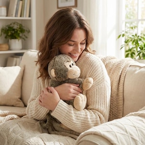 May include: A plush monkey toy with dark brown and gray textured fur, featuring a light beige face, ears, hands, and feet. The stuffed animal has embroidered facial features, including dark eyes and a curved mouth, and a long, soft tail.