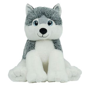 May include: A plush husky dog toy featuring a grey and white textured coat, large sparkling blue eyes, pointed ears, and a black nose. The stuffed animal is in a seated position with white front paws and a soft, fuzzy appearance throughout.