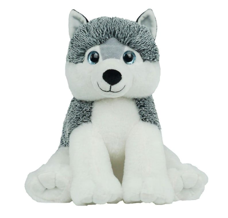 May include: A plush husky dog toy featuring a grey and white textured coat, large sparkling blue eyes, pointed ears, and a black nose. The stuffed animal is in a seated position with white front paws and a soft, fuzzy appearance throughout.