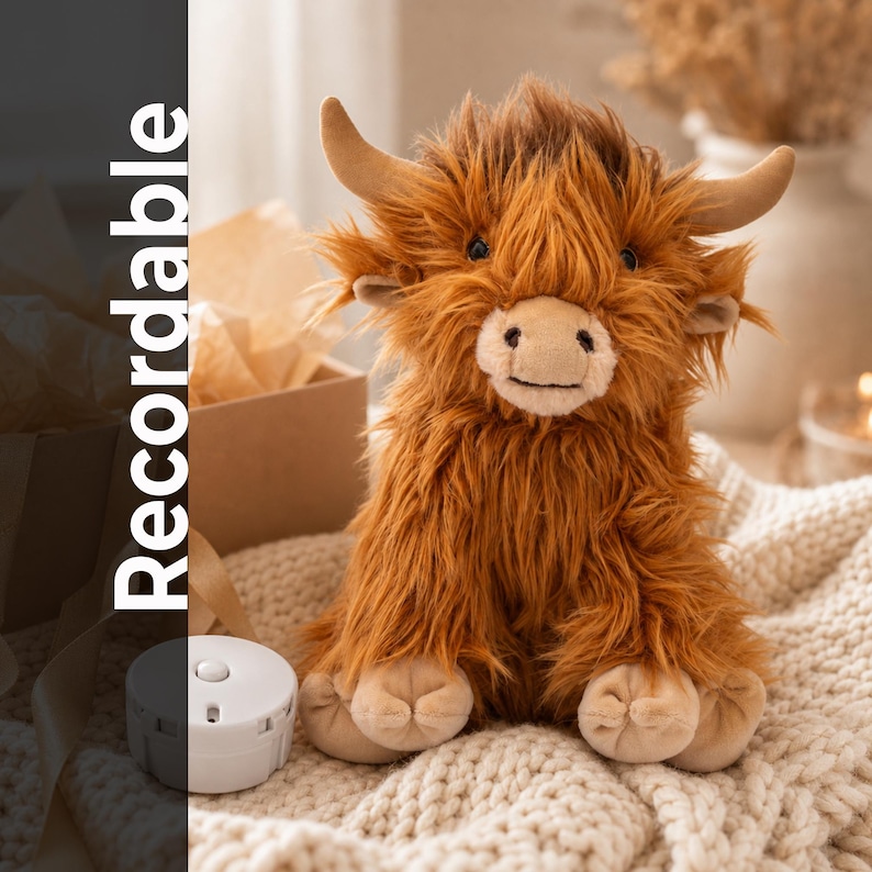 A brown, furry stuffed animal resembling a Highland cow sits on a white blanket, with a white record player and a white box in the background.