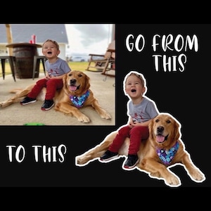 The image is a collage of two photos featuring a young boy sitting on a golden retriever dog. The collage includes two separate images of the boy and the dog, with the text "GO FROM THIS" overlaid on the top image.