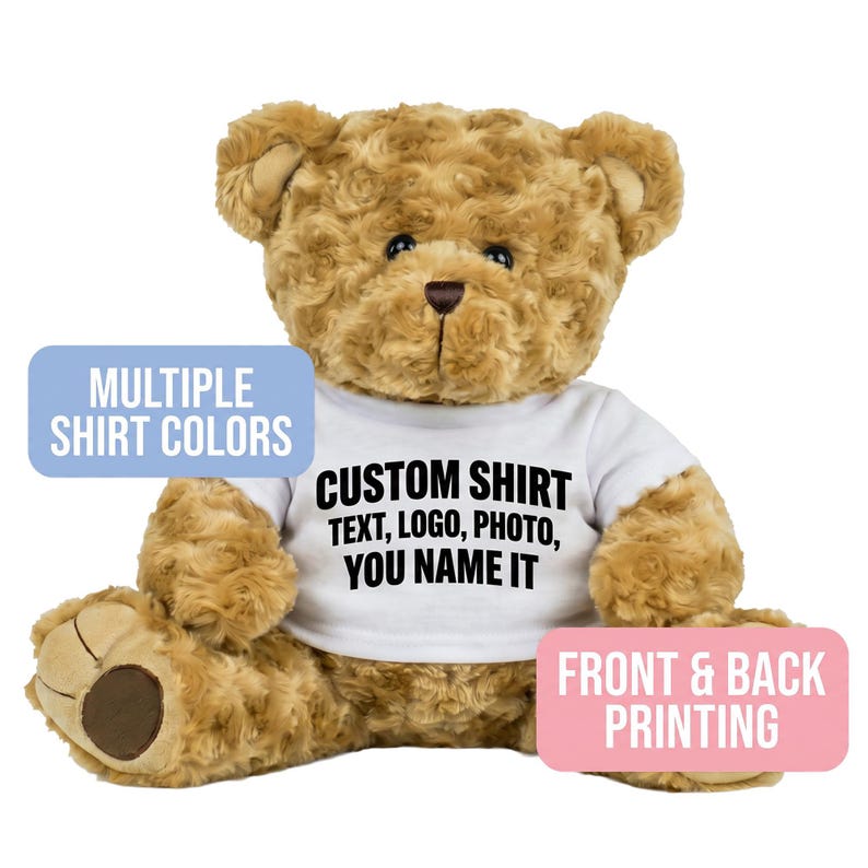 A brown teddy bear wearing a white t-shirt with text printed on it.