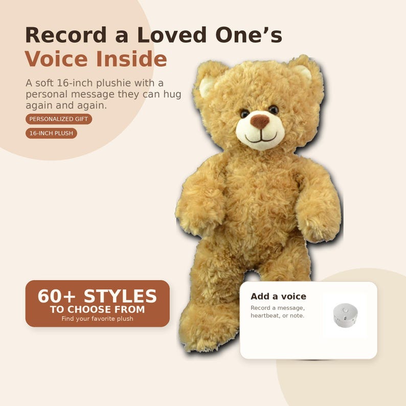 a brown teddy bear with a message inside, and it is accompanied by text and a button for recording a message.