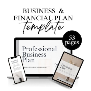 Può includere: Un mockup digitale di un modello di piano aziendale e finanziario. Il modello è mostrato su un laptop, un tablet e un telefono. Il modello è lungo 53 pagine e include un riepilogo esecutivo, un piano aziendale professionale e un piano finanziario.