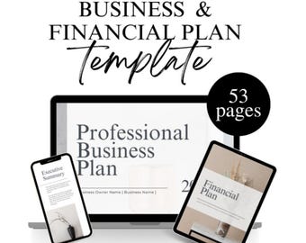 Op de afbeelding: Een digitale mockup van een zakelijk en financieel plan sjabloon. Het sjabloon wordt weergegeven op een laptop, tablet en telefoon. Het sjabloon is 53 pagina's lang en bevat een samenvatting, een professioneel zakelijk plan en een financieel plan.