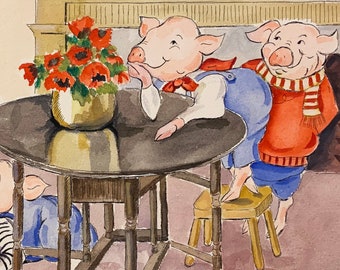 May include: Four pig figurines in a room setting. One pig is holding a smaller pig figurine. Another pig is sitting at a table with a vase of red flowers. A third pig is sitting on a stool. The fourth pig is playing checkers on the floor.