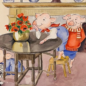 Los Tres Cerditos - en casa, empezando a encontrar su propio hogar - Ilustración infantil, acuarela, grabado
