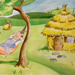 Los Tres Cerditos - La Casa de Paja - Ilustración infantil Lámina en acuarela