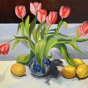 Tulpen biegen mit Zitronen - Fine Art Print von Original Stillleben Ölgemälde
